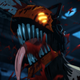 Denji sticks his tongue out while blood splatter gushes around his head.
